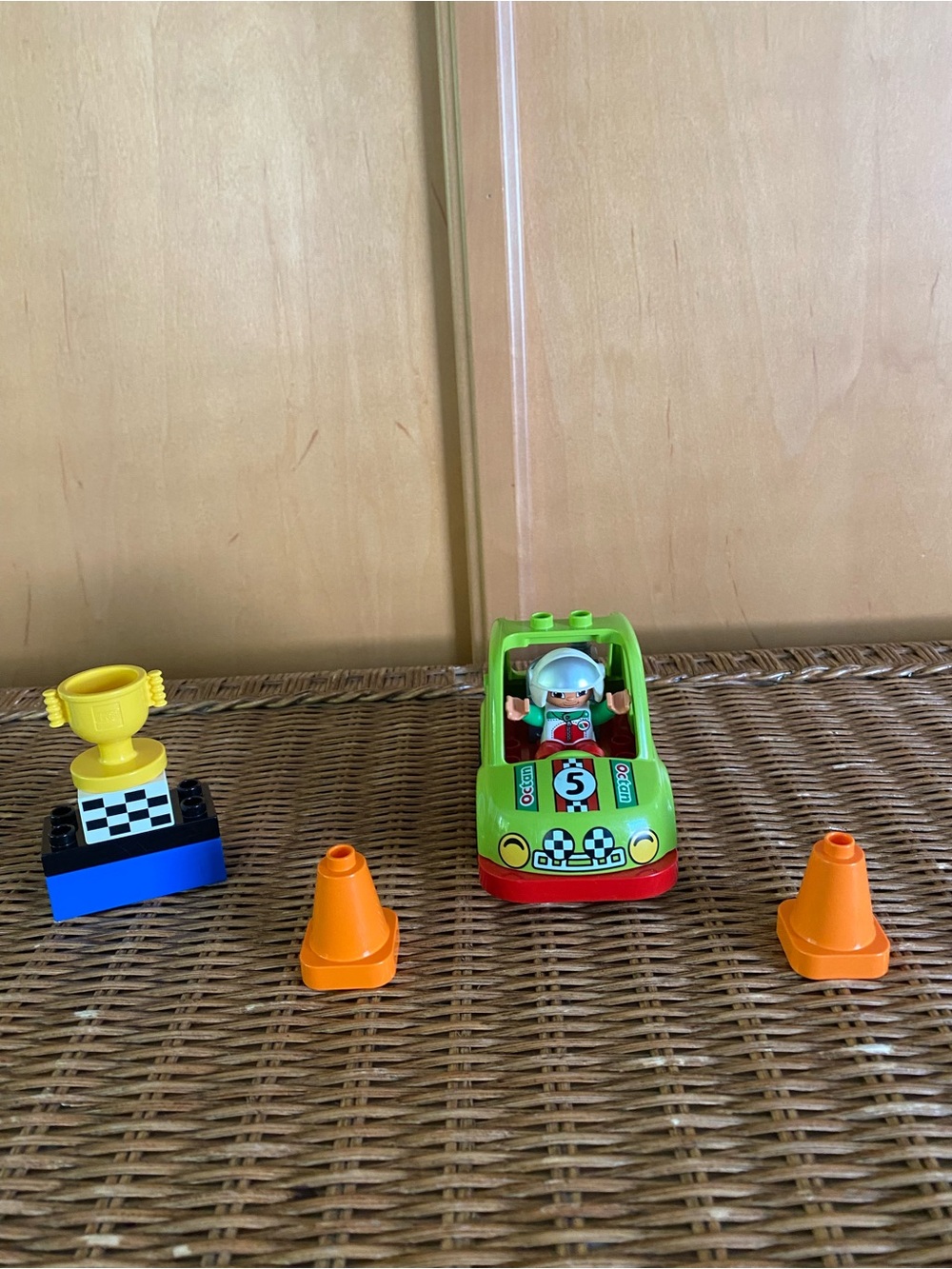 LEGO Duplo Green Octan Race Car #5 Driver Trophy Traffic Cones Gas Can Lot